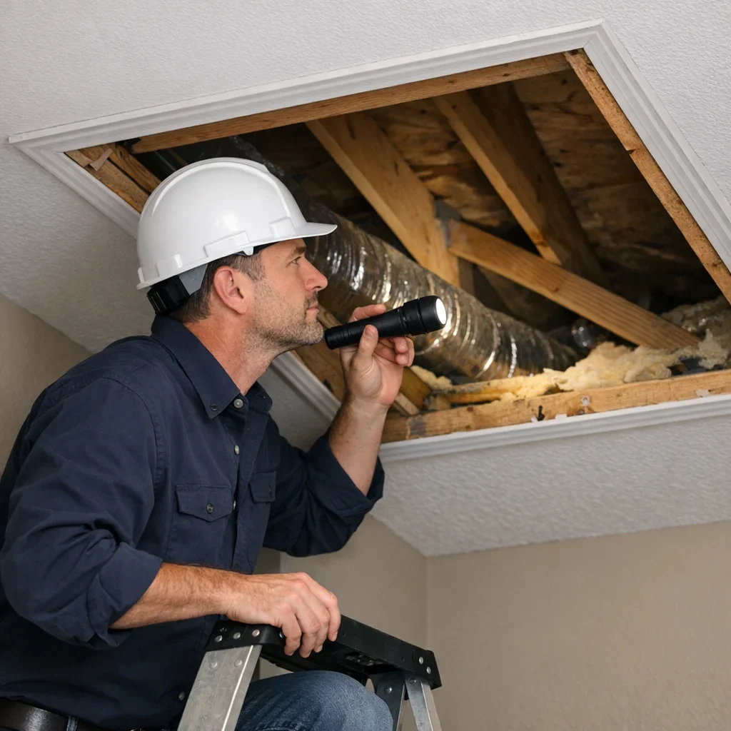 Inspector observing a visible interior building component during a non-invasive inspection