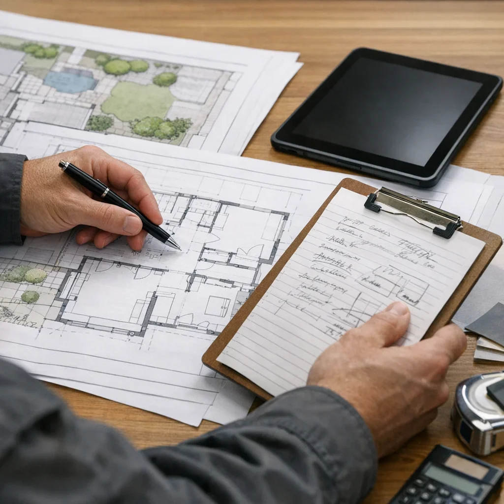 Inspector reviewing property plans and site details before preparing an inspection estimate