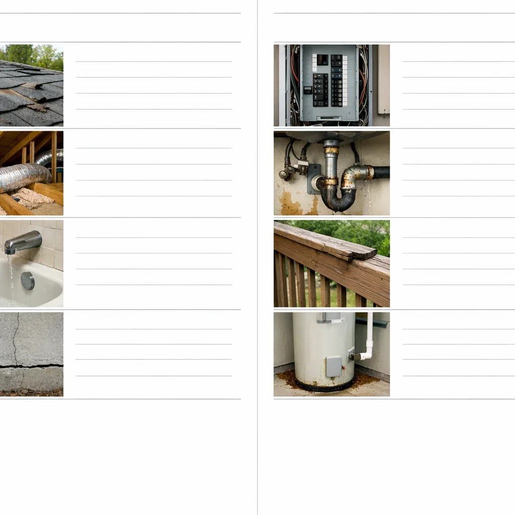 Home inspection report pages pairing observation photographs with written descriptions