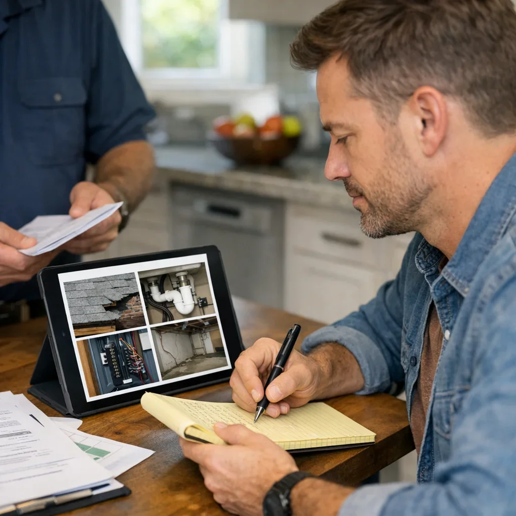 Homeowner taking notes while discussing home inspection findings