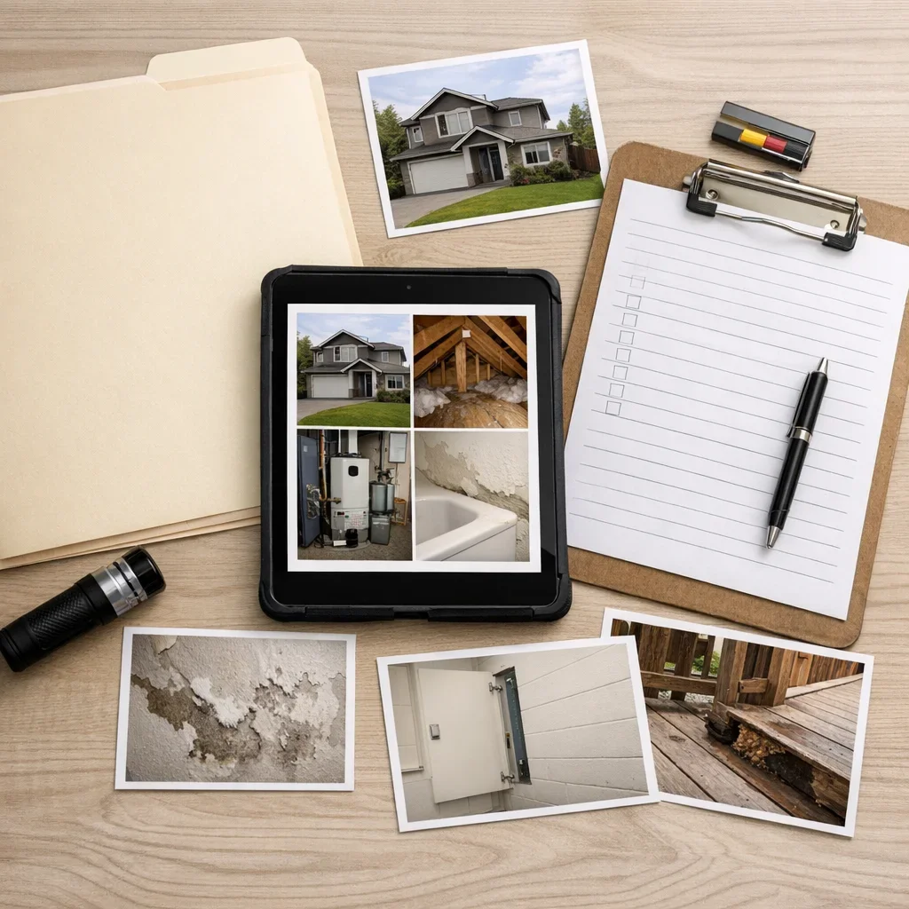 Photo-documented inspection notes prepared for a property in Burnaby