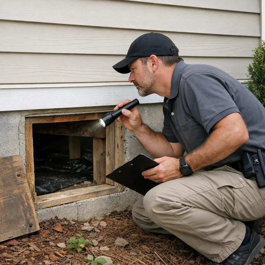 Home inspector visually examining accessible foundation and crawlspace entry at a residence