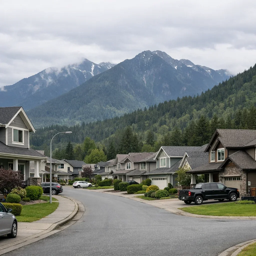 Chilliwack valley neighbourhood with detached houses and foothills nearby