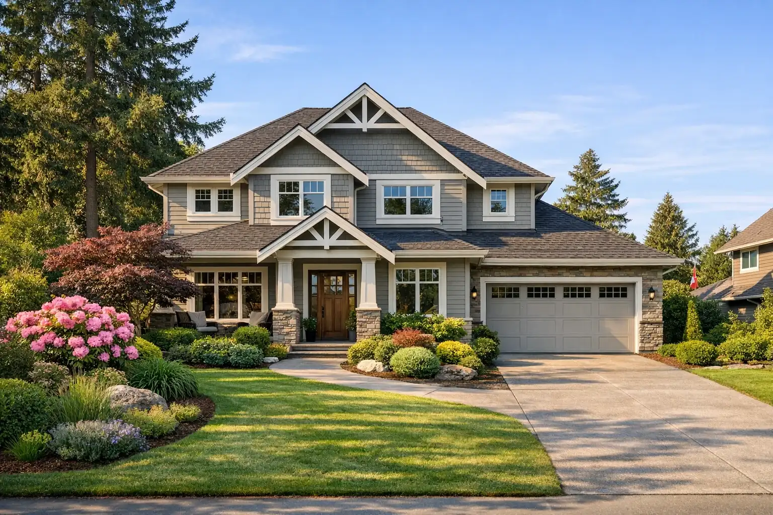 Detached family home with landscaped front yard in a Delta BC residential street
