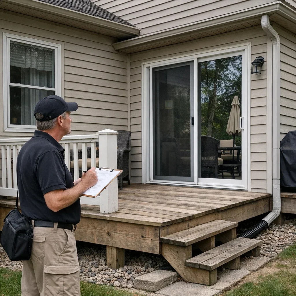 Property inspector examining accessible exterior windows and a residential deck