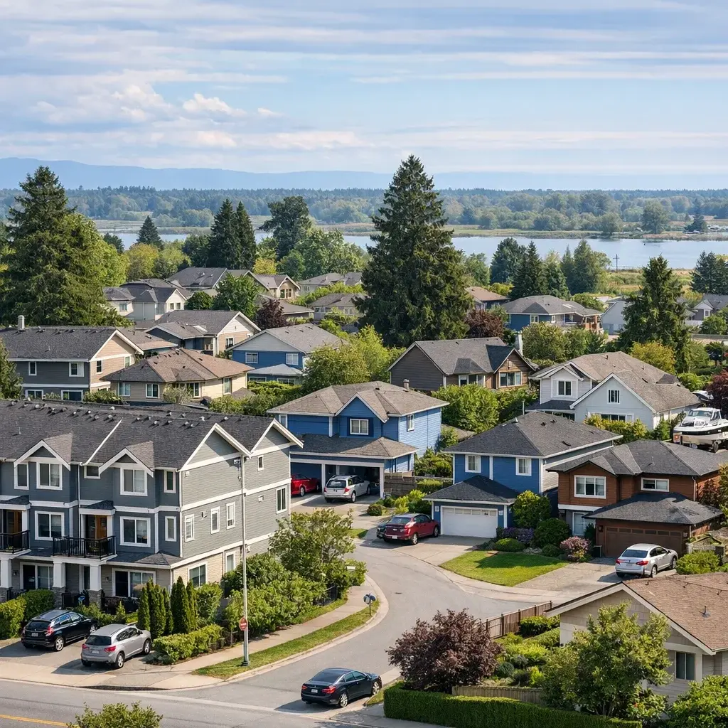 Varied residential neighbourhood with townhomes and detached houses in Delta