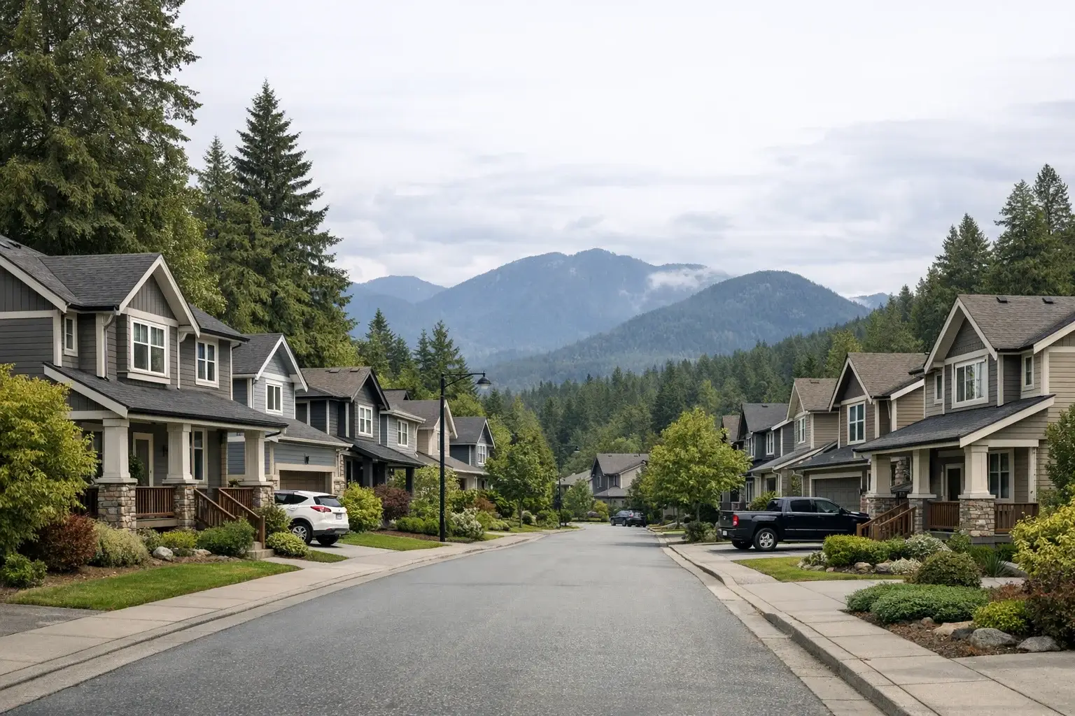 Maple Ridge detached residential homes near a tree-lined neighbourhood and foothills
