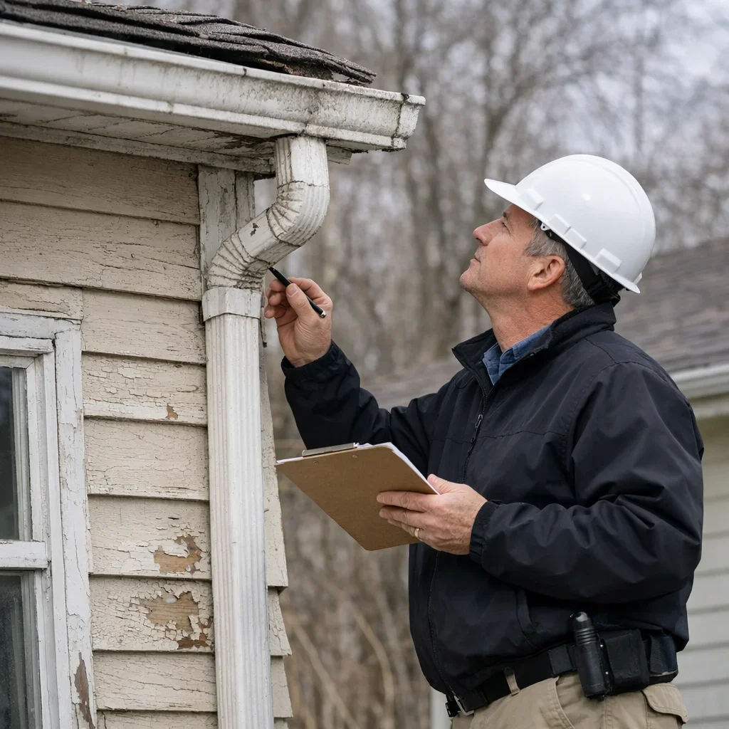 Inspector visually checking exterior siding and downspout at an older house