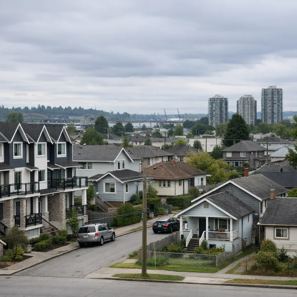 Mixed residential housing near a level low-lying New Westminster neighbourhood