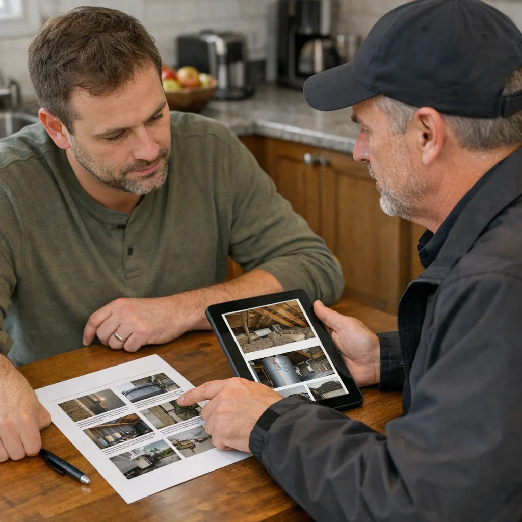 Homebuyer and inspector discussing a photo-based report at a kitchen table
