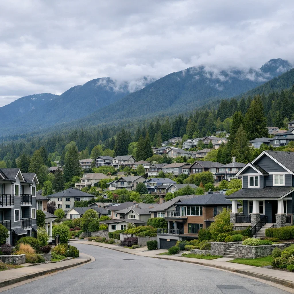 North Vancouver hillside neighbourhood with residential homes and forested North Shore mountains
