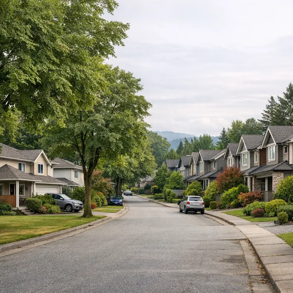 Port Coquitlam residential street with detached houses, townhomes and mature green trees