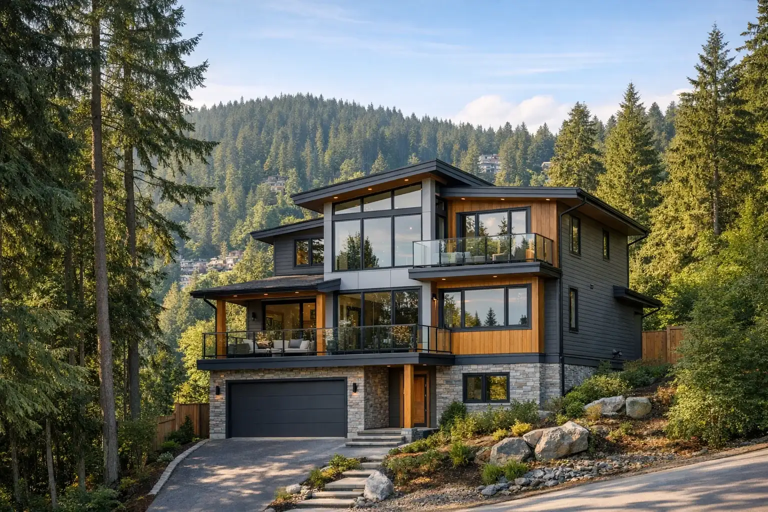 Contemporary detached home surrounded by evergreens in a Port Moody BC neighbourhood