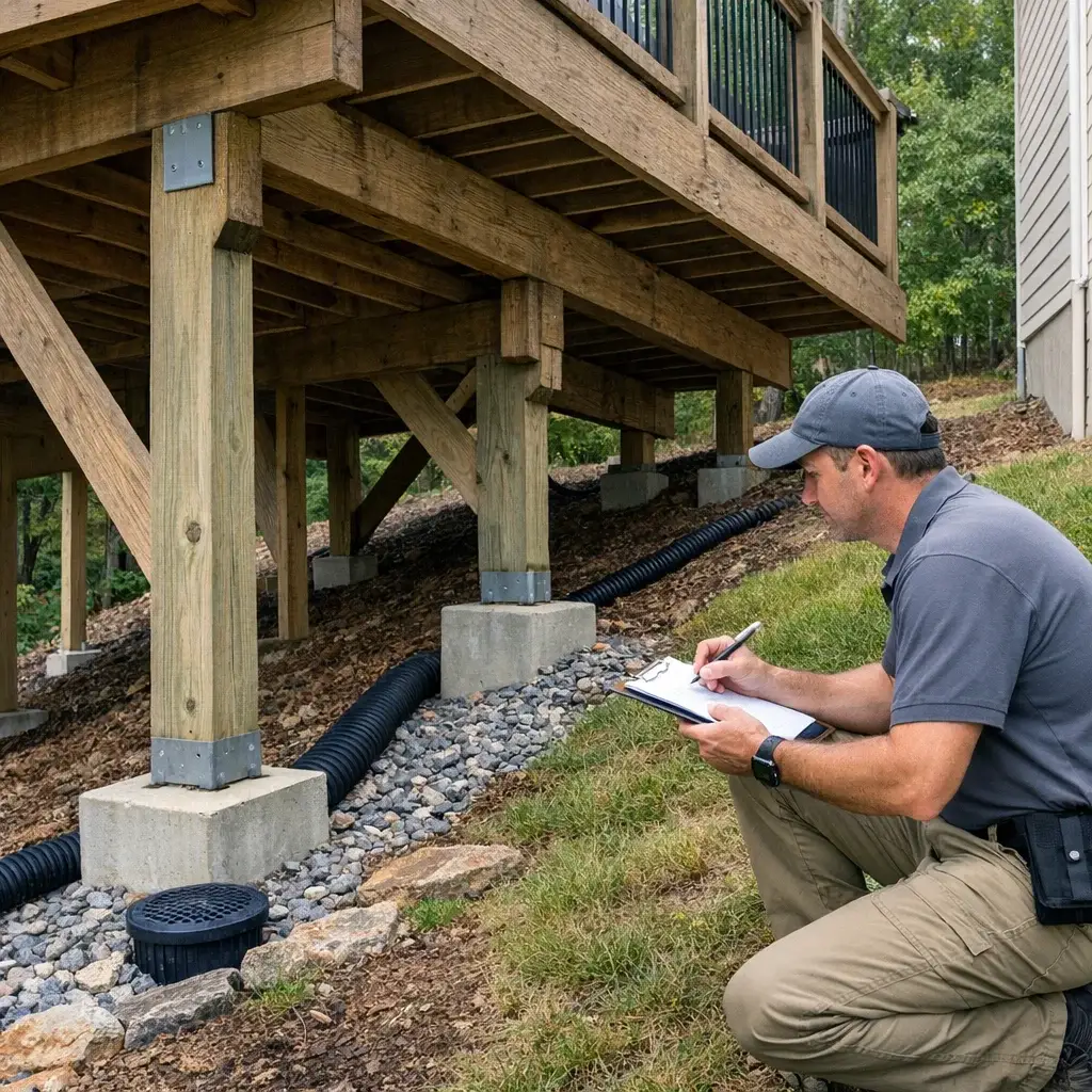 Visual home inspection of exterior deck supports and grading on sloped residential lot