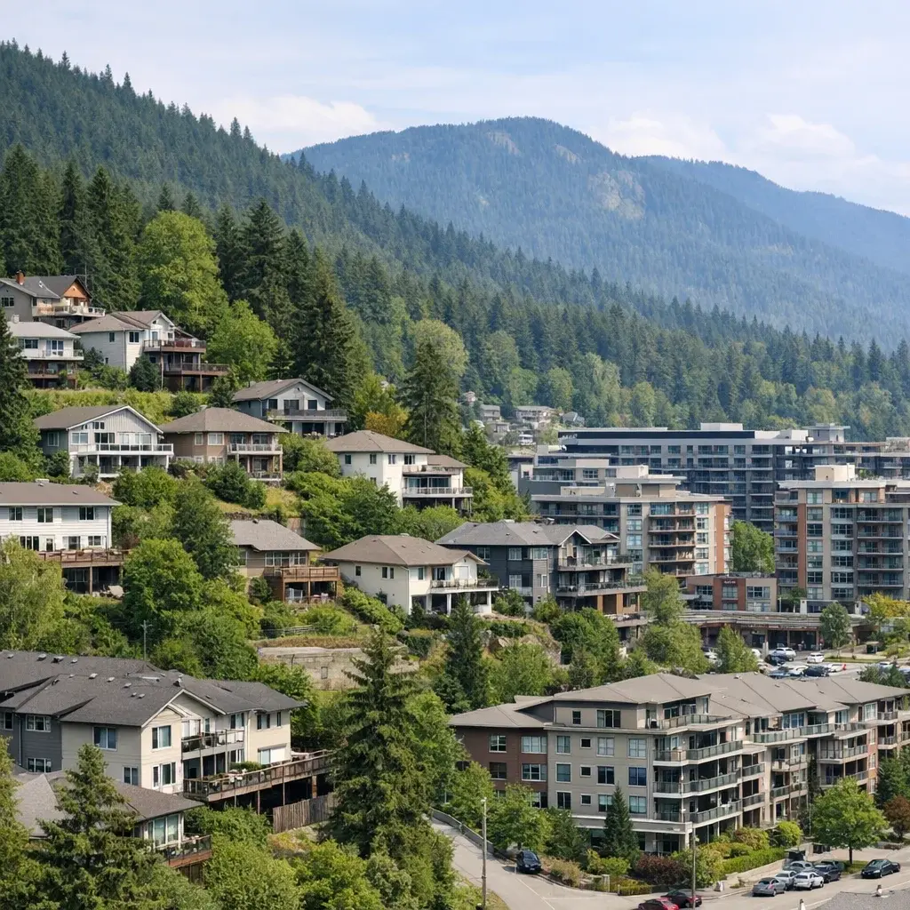 Port Moody residential mix of hillside homes and mid-rise strata buildings