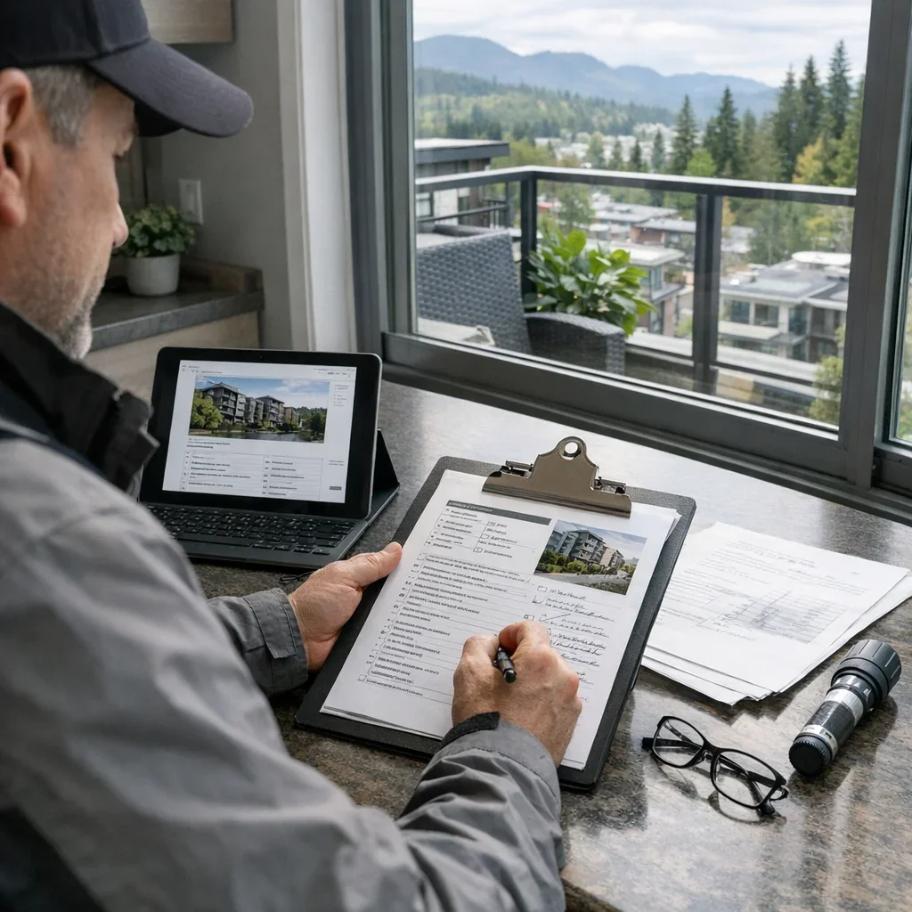 Inspector reviewing a condo report and building notes near a window