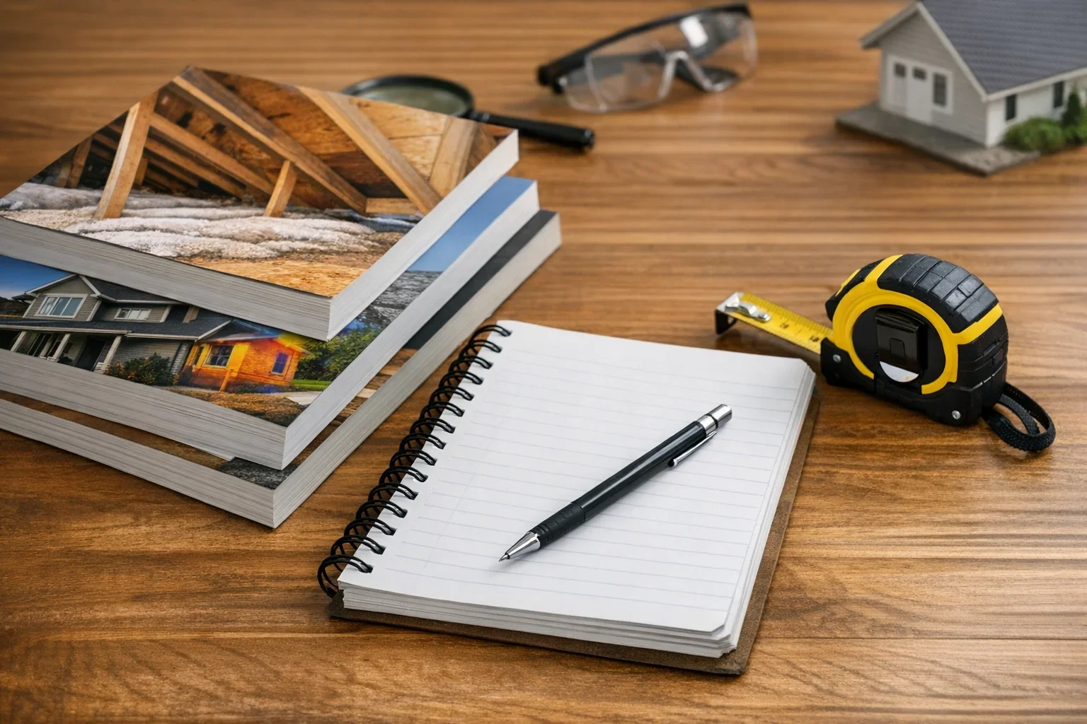 Building inspection educational materials with notebook and measuring tape