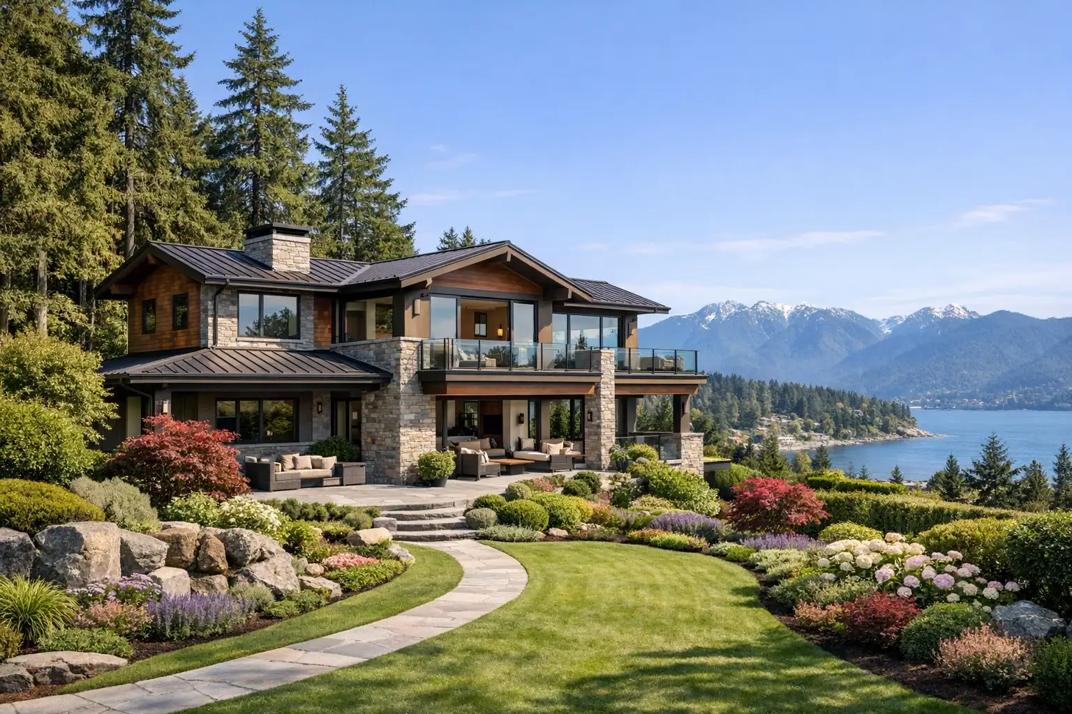West Vancouver coastal residential house with landscaped garden and evergreens