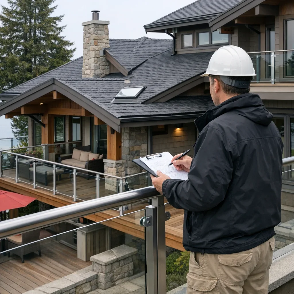 Inspector observing deck railing and rooflines from a safe exterior viewpoint