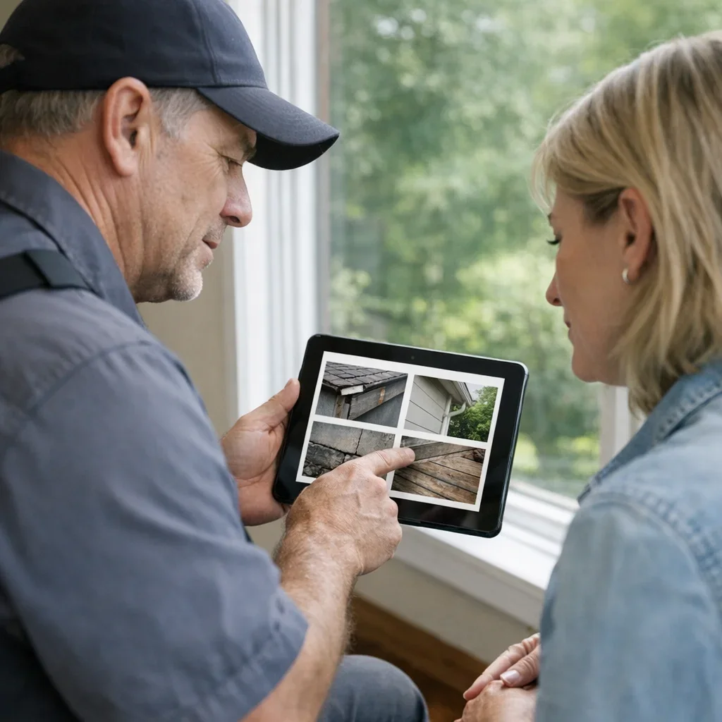Inspector and homeowner reviewing exterior observations on a tablet inside a house