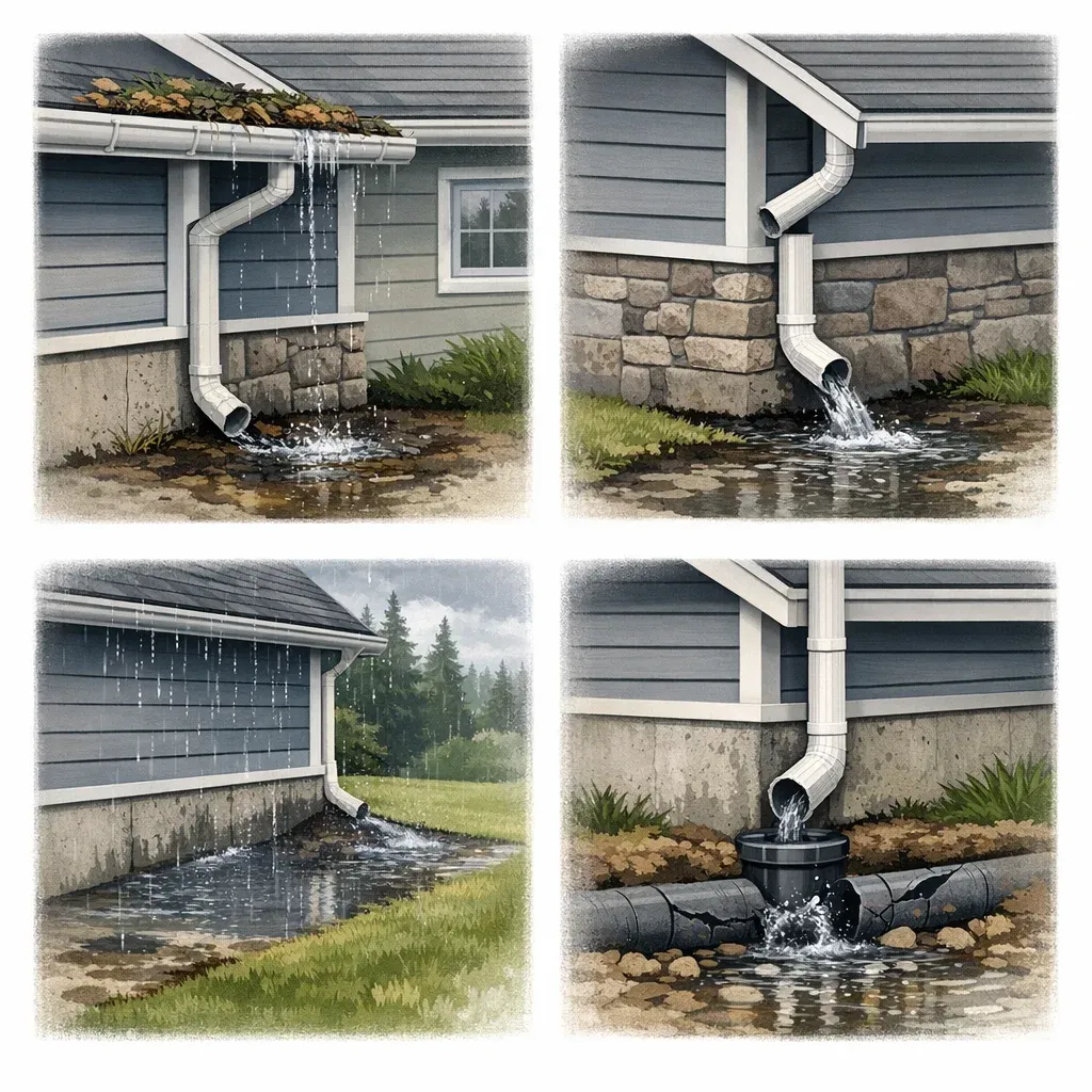 Visual guide to drainage and downspout issues for British Columbia property buyers