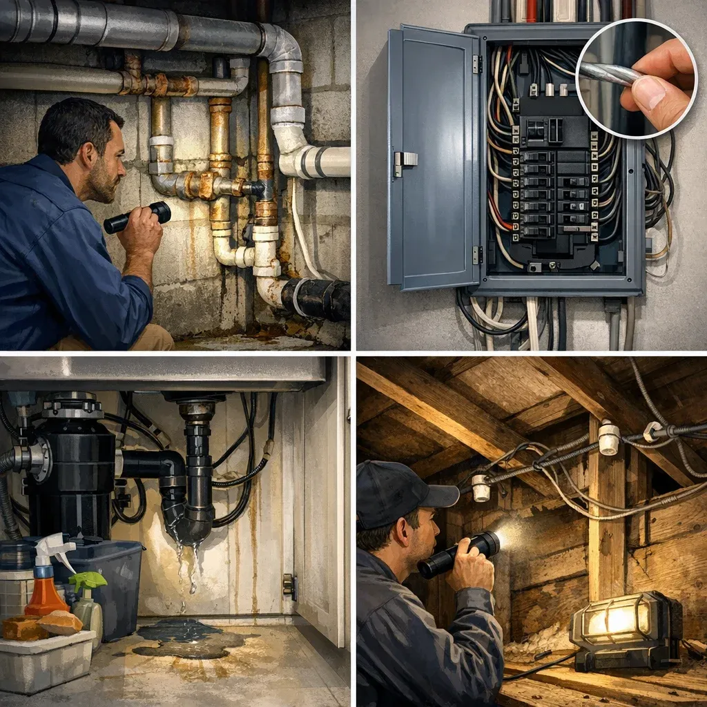 Visual guide to visible plumbing and wiring questions for British Columbia property buyers