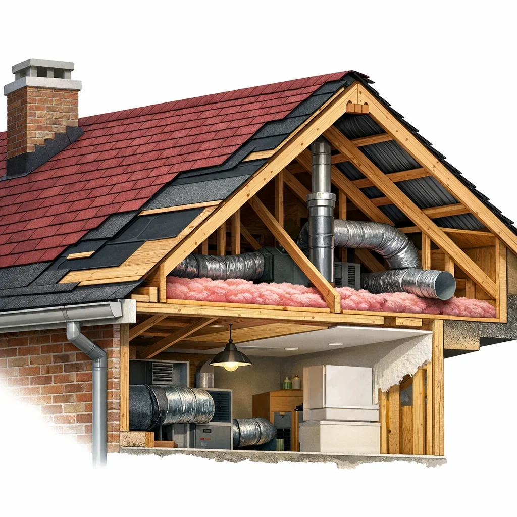Visual guide to roof covering flashing and gutter system for British Columbia property buyers