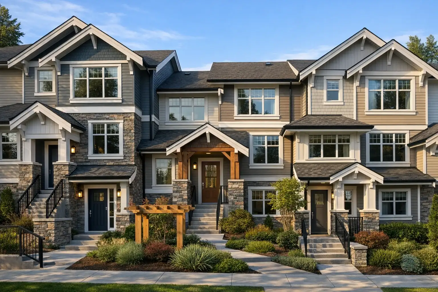 British Columbia townhouse exterior with multiple entries and shared building elements