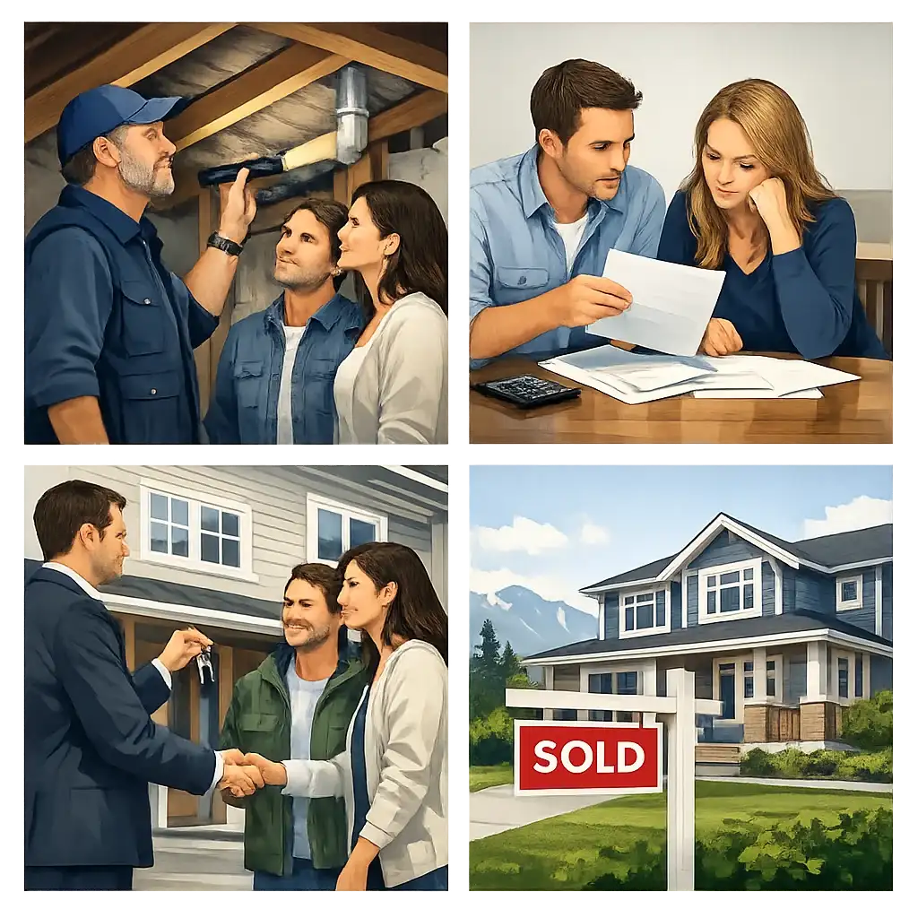 Four-panel educational illustration of subject and subject-free decisions for British Columbia home buyers