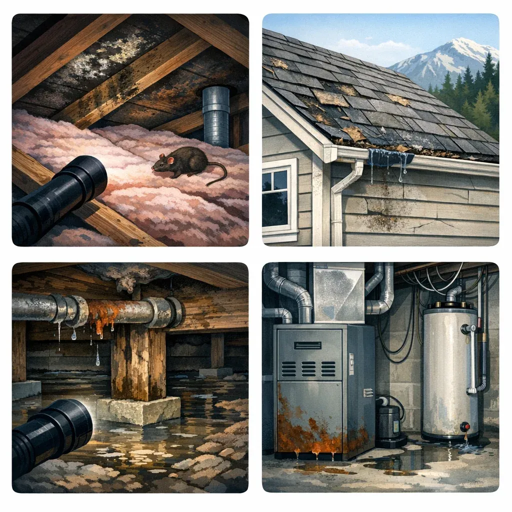 Four-panel educational illustration of what a buyer may miss for British Columbia home buyers