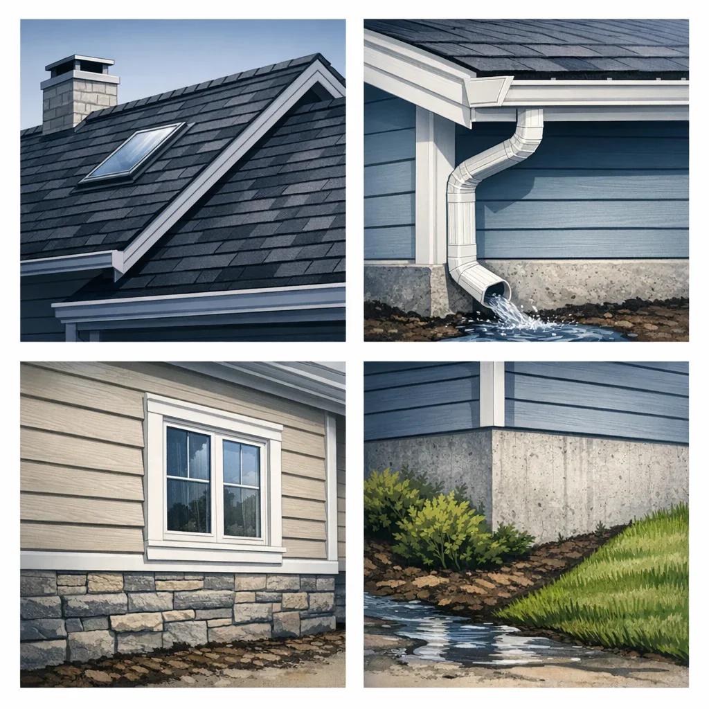 Visual guide to roof gutters siding and grade for British Columbia property buyers